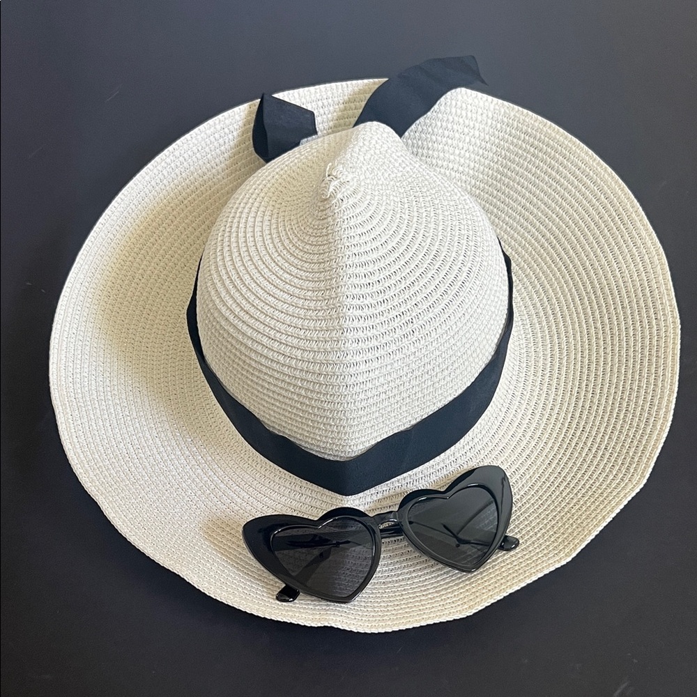 Women's Cream Sun Hat with Black, Tan, Cream Ribbons and Heart Shaped Sunnies